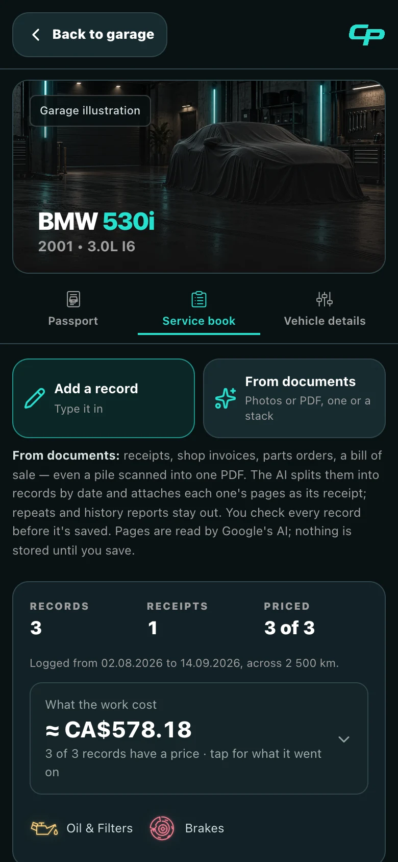 A car’s service book in Car Passport with two buttons: Add a record, and From documents