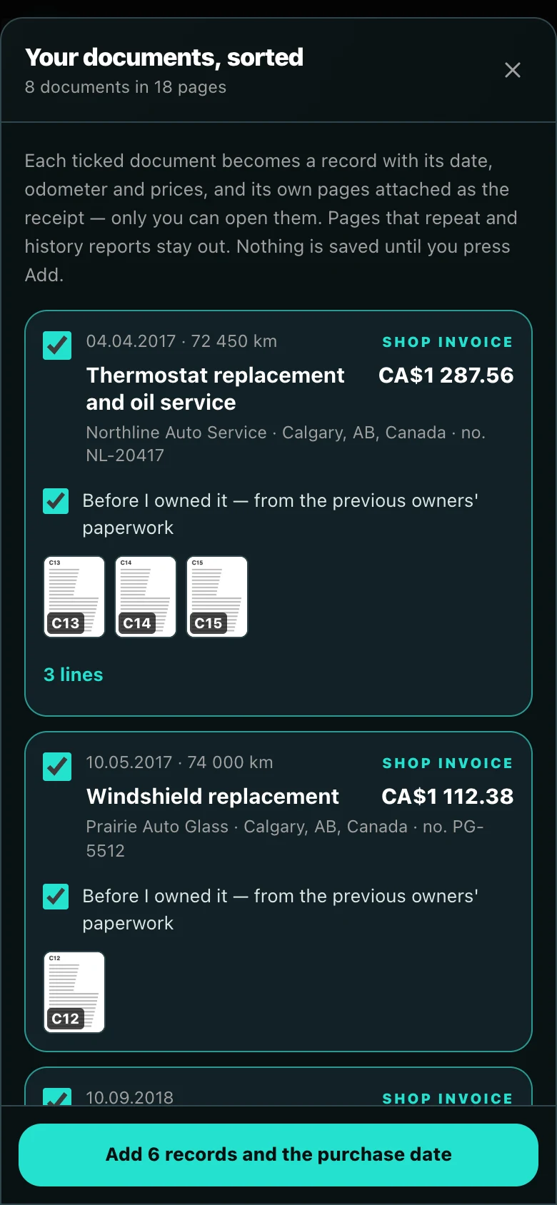 The review screen: documents sorted by date, each with a tick box, its pages and its total